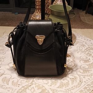 Black Leather Drawstring Women's Bag